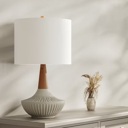 Drum Shade Table Lamp with Wood Neck