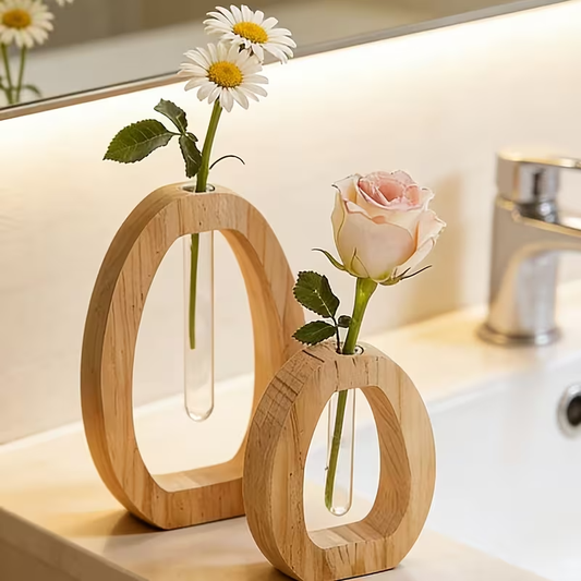 Wooden Frame Glass Vase Set