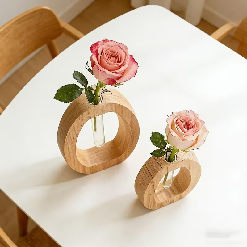 Wooden Frame Glass Vase Set