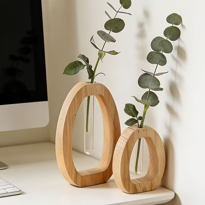 Wooden Frame Glass Vase Set
